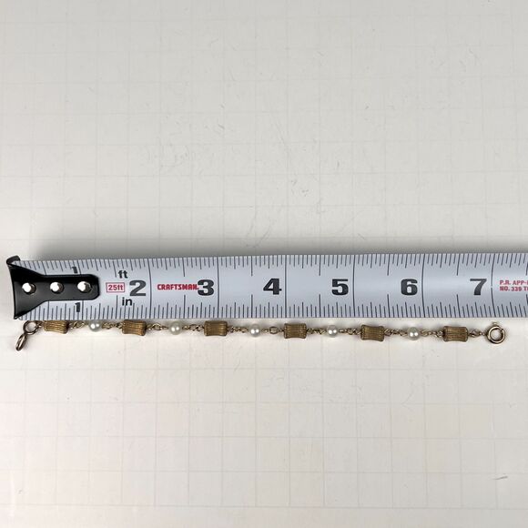 Vintage 7" 20-12K Gold GF 5 Cultured Pearls Gold Ribbed Tubes Bracelet - Picture 3 of 6